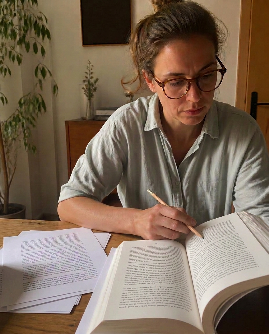 Mujer joven con gafas revisando un libro en una casa cálida y de diseño