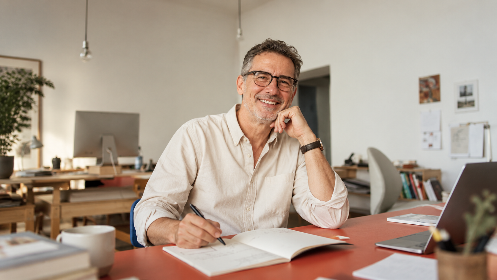 Autor escribiendo en su escritorio